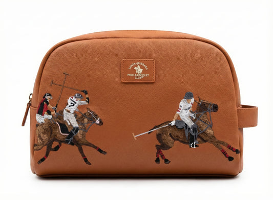 Santa Barbara Polo & Racquet Club Leather Embroidered Toiletry Bag (Brown)